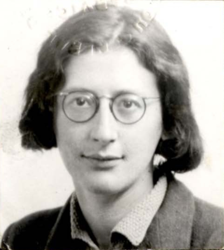 Black-and-white identity photograph of Simone Weil wearing round glasses.