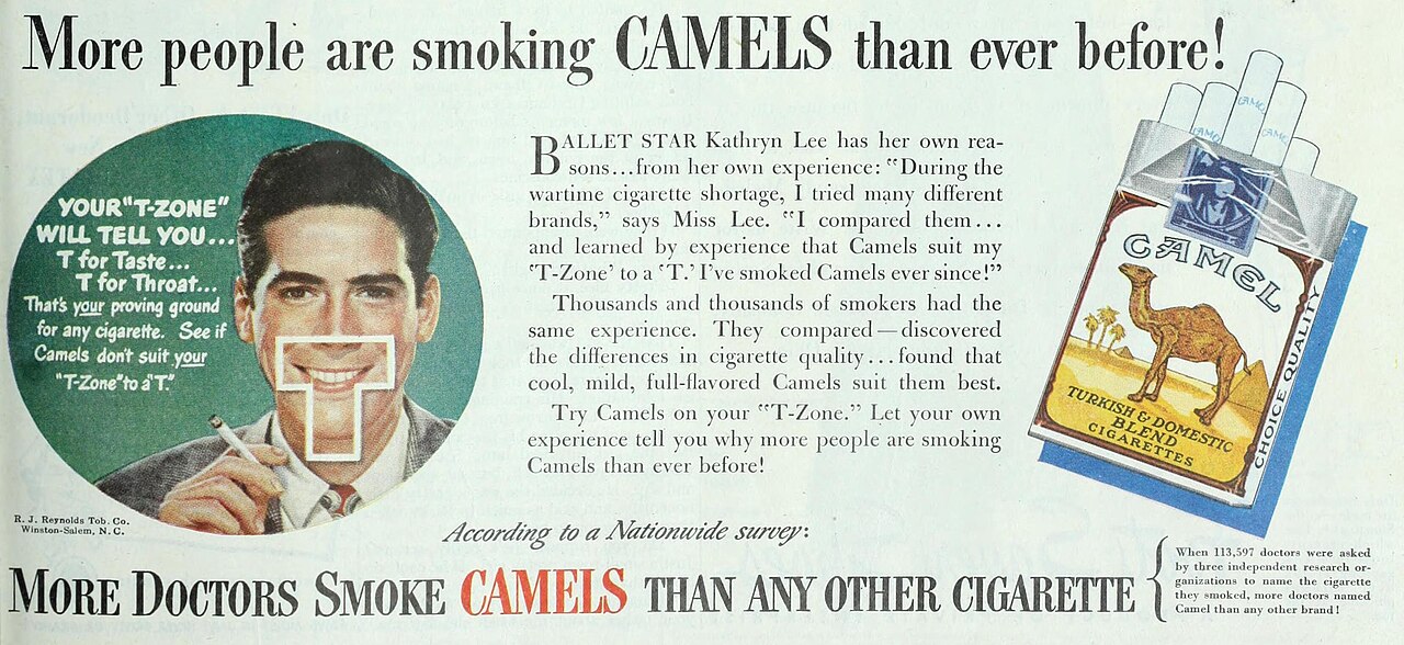 Vintage cigarette advertisement with a smiling man in a doctor's head mirror beside a pack of Camel cigarettes and the slogan More Doctors Smoke Camels.