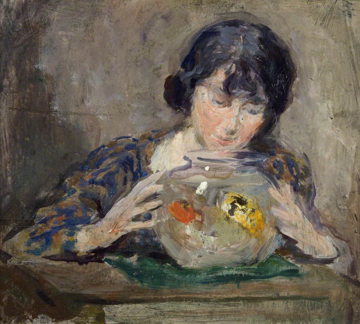 Painting of a dark-haired young woman leaning over a round glass bowl, gazing intently at goldfish.